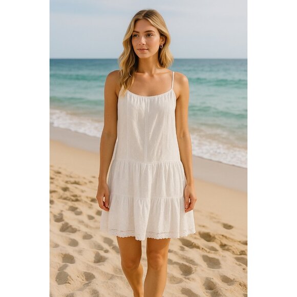 Unsubscribed White Eyelet Drop Waist Sundress Spaghetti Strap Cotton Dress Med - Picture 16 of 16